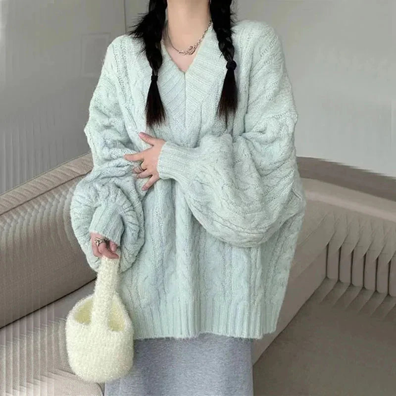 Sweater Harajuku Oversized Knitted Pullovers Korean Long Sleeve V Neck Knitwear Preppy Solid Loose Jumper