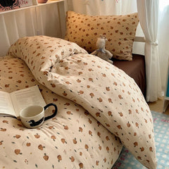 Bedding Set Double Layered Yarn INS Girls Mushroom Soft Washed Cotton Bed Sheet Queen King Size Duvet Set Pillowcase Bed Sheet