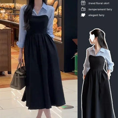 Arrival Two-piece Illusionshirt Black Long Sleeve Dress High-end Feel Matching Set