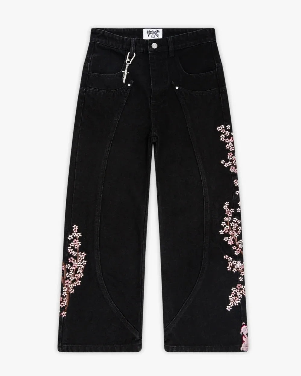 American Retro Patchwork Knight Cherry Blossom Denim Pants Y2k Vintage Baggy Straight Wide Leg Jeans Street Clothes
