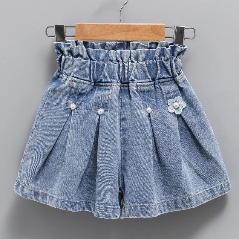 Girls Denim Shorts Korean Children's Pleated Jeans 4-12Years Teens Girls Short Jeans Pearl Decoration