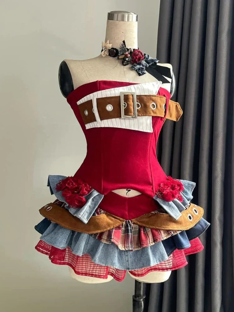 Vintage Elegant Y2K 2 Piece Sets Punk Gothic Strapless Crop Tops +High Waist Ruffle Skirt Party Outfits