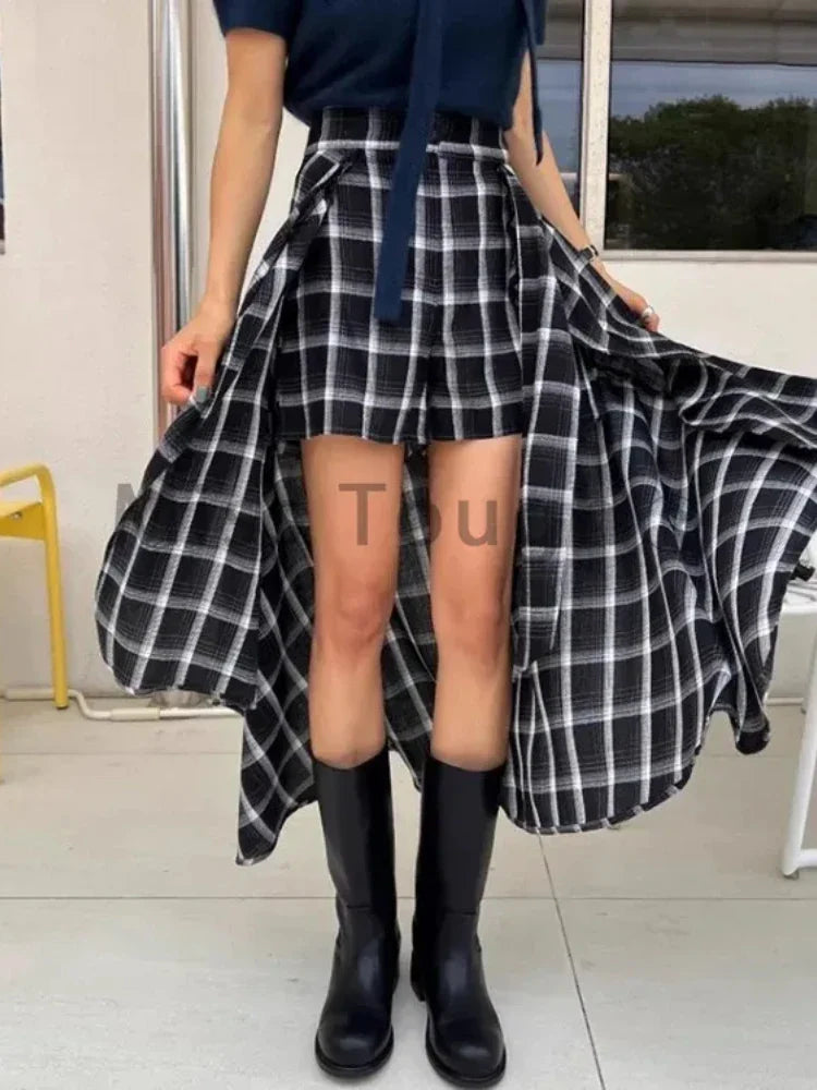 Korean Vintage Black Plaid Skirt Y2k High Waist Irregular Retro Skirt Chic Desing Sense All-match Clothes