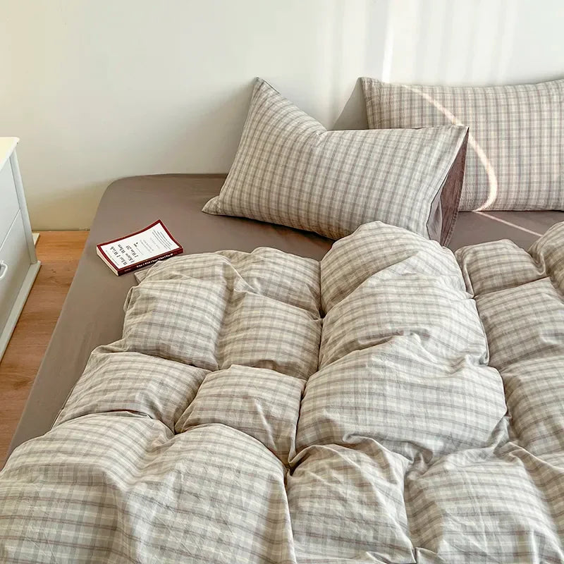 Ins Pink Plaid Bedding Set No Filler Twin Queen Size Comforter Cover Flat Sheet Pillowcase Girls Boys Solid Blanket Duvet Duvet