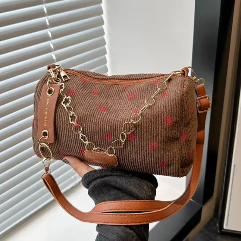 Small Underarm Bag Corduroy Handbag Cute Strawberry Print Little Tote Half Moon Design Eco Cloth Purse Mini Shoulder Bags