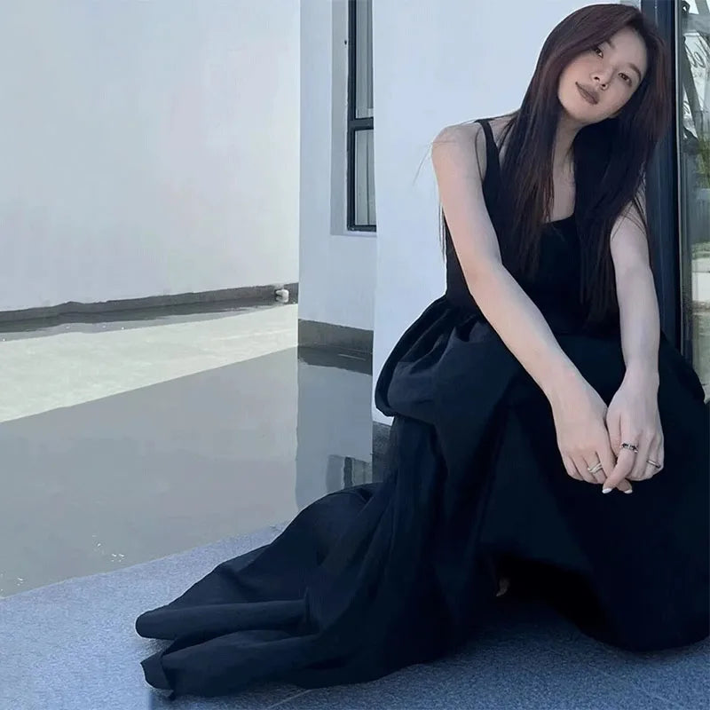 Black Strapless Long Dress Slim Sleeveless O-Neck High Waist Dresses Party Vestidos