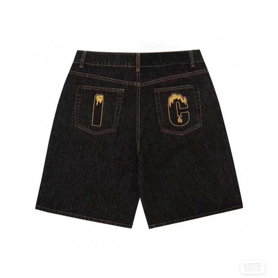 Y2k Harajuku Hip-Hop Gothic Colored Flying Dog Printed Denim Shorts High Street Loose Casual Straight Cropped Jeans