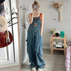 Cool Girl Style Embroidered Spicy Ink Denim Strap Jumpsuits /Large Loose