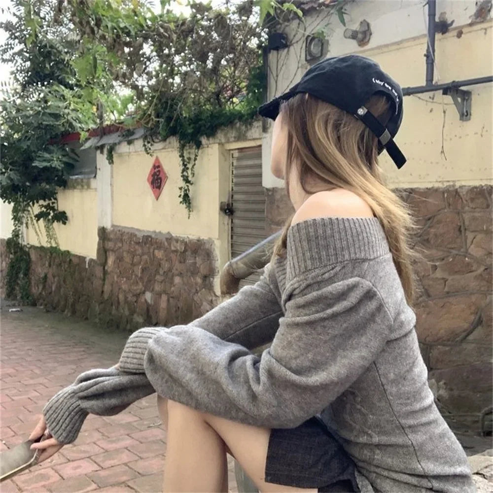 Vintage V-neck Knitted Tops Early Sweaters Pullover Slim Long Sleeve Pullovers Gray Sweaters