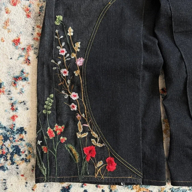 Y2K Floral Baggy Jeans Retro Blossom Embroidery Streamlined Unisex Streetwear Gothic High Street Oversized Wide Leg Pants