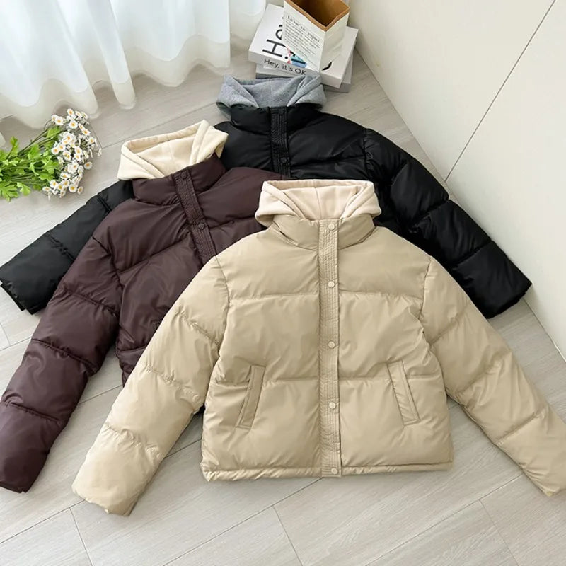 Hooded Short Parkas Black Patchwork Puffer Jacket Streetwear Down Coats Korean Cotton Padded Outerwears New