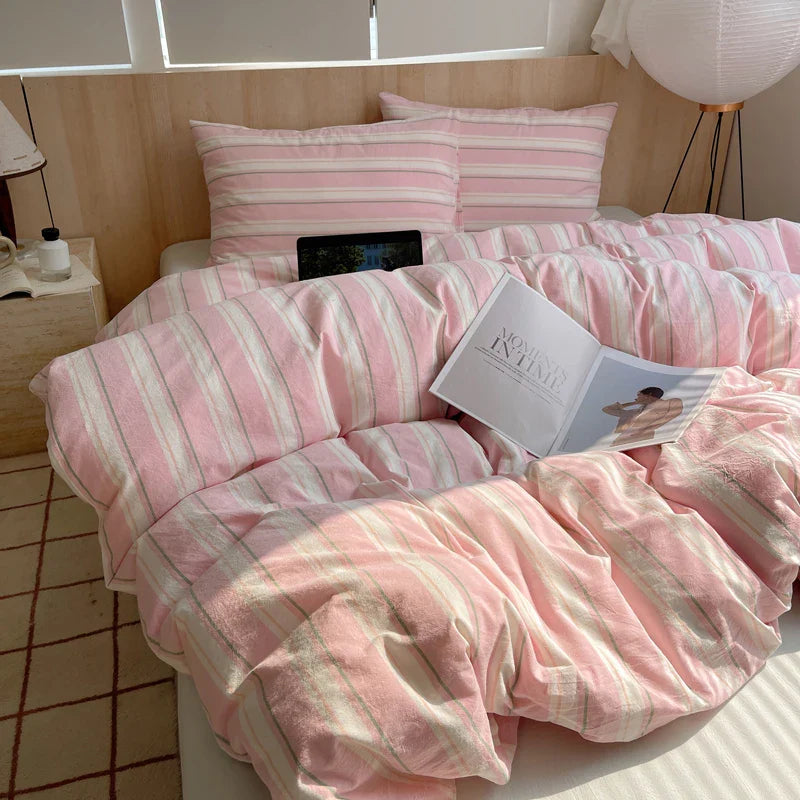 1pc Korean Cotton Pink Stripes Duvet Cover 150x200 Size Girl's Room housse de couette Skin friendly Breathable Comforter Sets