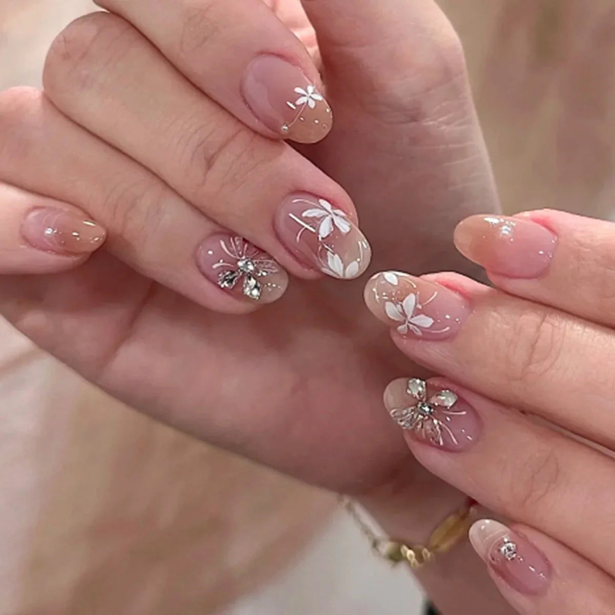 24Pcs Almond Pure Handmade Press On Nails Full Cover Butterfly French Pearl Diamond False Nails Wearable Manicure Nail Tips Art