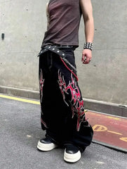 Y2K Street Jeans Harajuku Hip Hop Retro Loose Red Stripe Printing BaggyJeans Pants Gothic Wide Trousers