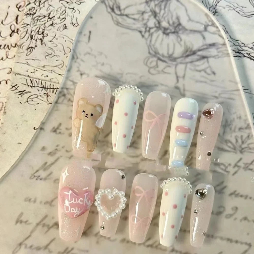 Fresh Bear Cloud Bow Handmade Wear Nails Pearl Love Cute Nail Art Sweet Cartoon Removable Fake Nails