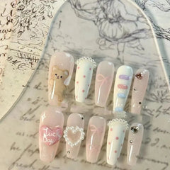 Fresh Bear Cloud Bow Handmade Wear Nails Pearl Love Cute Nail Art Sweet Cartoon Removable Fake Nails