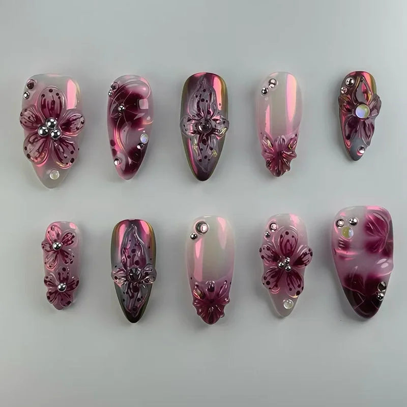 24Pcs Matte Almond False Nails with Glue Glitter Butterfly Fake Nail Press Ons Black Gradient Artificial Nail Tips