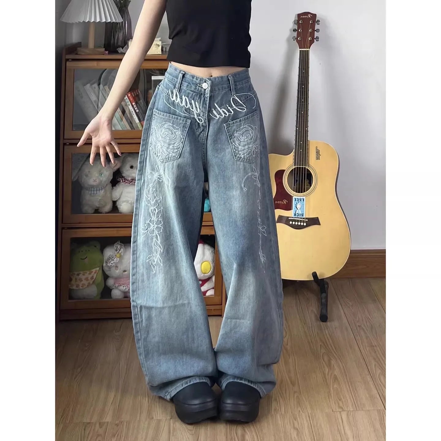 Ladies Loose Fit Straight Leg Jeans Blue Washed Floral Letter Embroidery Unique Street Style American Casual Trousers