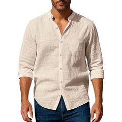 Chemise en coton et lin pour hommes, col Henley, couleur unie, légère, respirante, coupe cintrée, simple boutonnage, manches longues, boutonnée