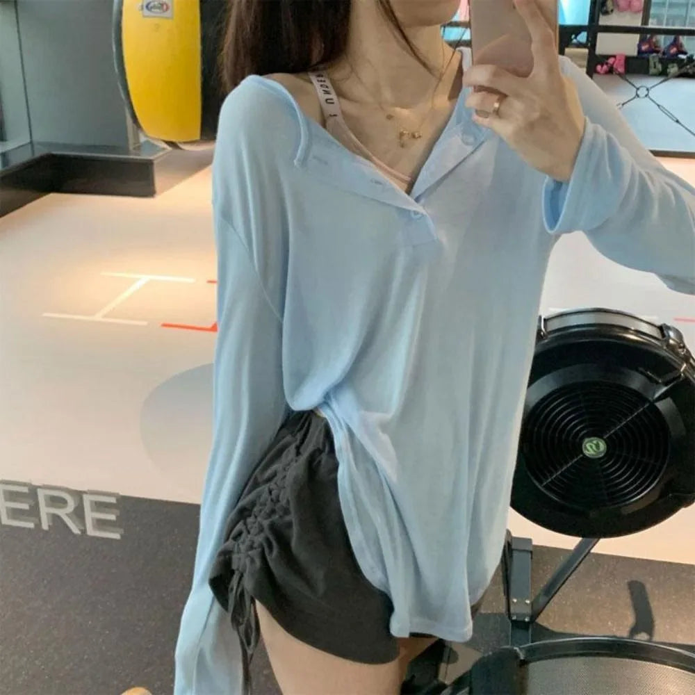 Korean Y2k Tank Top Long Sleeve V Collar Crop Top Button Sun Protection Frock Lady