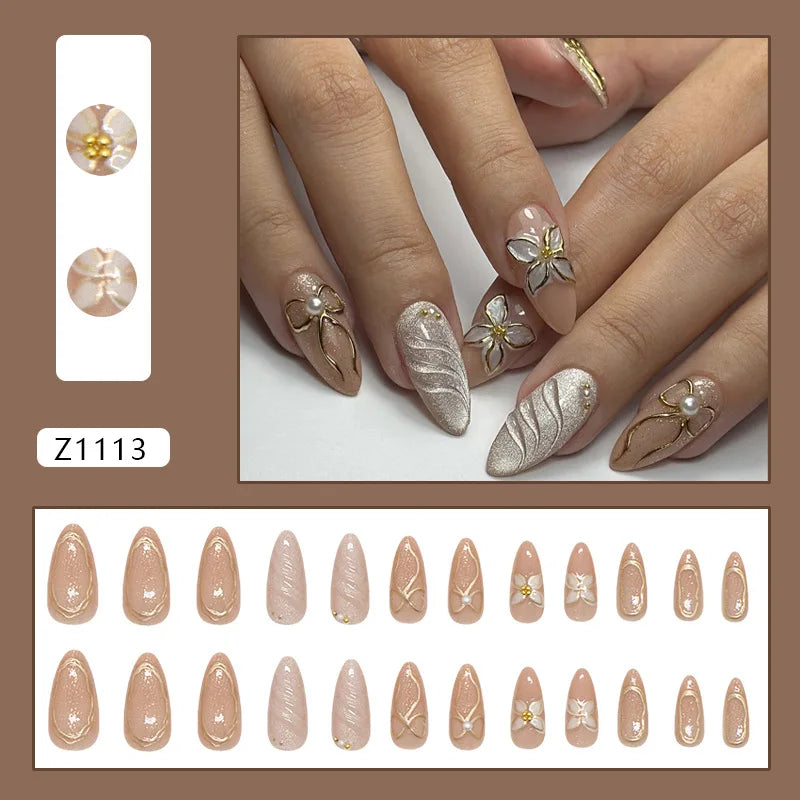 24pcs Flower Print Press on Nails Wine Red Blush Almond False Nail Tips Wearable Reusable Spicy Girl Fake Nails