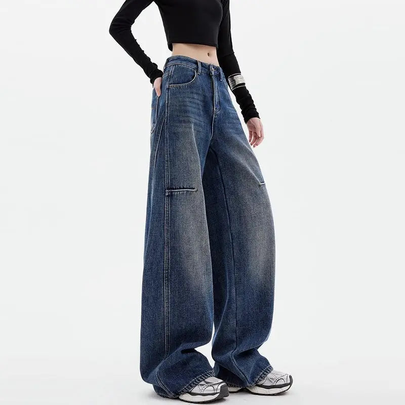 Student Casual Blue Jeans Wide-Leg Pants Loose Drape Straight-Leg Trousers Floor Pants Streetwear