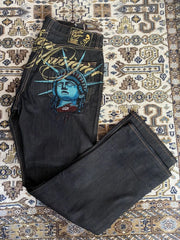 Harajuku Y2k 2000s Clothing Vintage Statue of liberty Diamonds Jeans Casual Denim Pants High Waist Straight Wide Leg Jeans