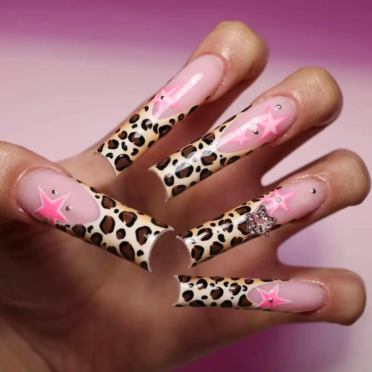 24Pcs Long Coffin Leopard Print False Nails with Glue Sweet Cool Diamond Fake Nail Set Floral French Press on Wearable Nail Tips