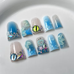 10pcs Gradient Blue Fake Nails Glossy Cat's Eye 3D Flower Shiny Diamond Press On Nail Blush Duckbill Handmade False Nail