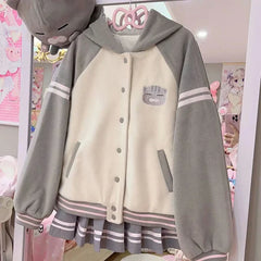 Japan Subculture Hooded Sweatshirt Single Breasted Long Sleeve Patchwork Coat Preppy Style Sweet Fall Casual Outwear