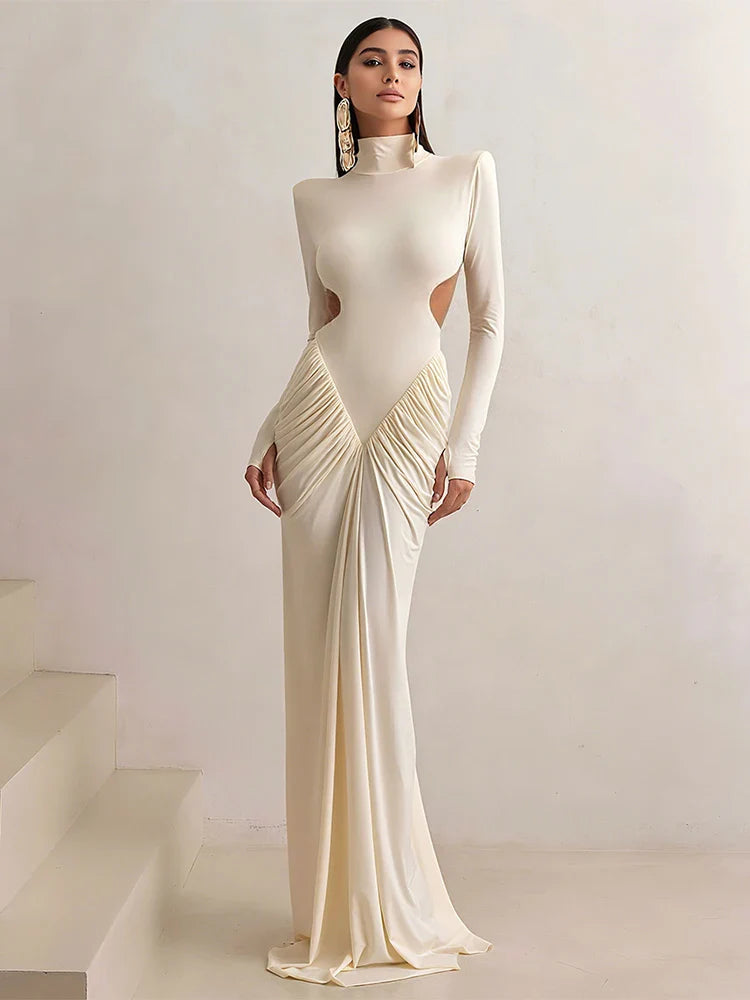 Weird Puss Backless Maxi Dress Shoulder Pads Long Sleeve Waistless Peach Buttocks Ruched Elegant Banquet Skinny Vestidos