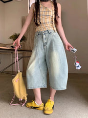 Vintage Style Harajuku Blue Jeans Y2K Punk Street Baggy Denim Trouser Casual Mop Calf Length Pants