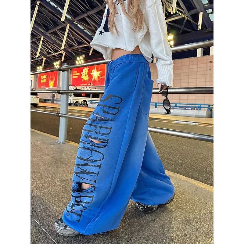 Red Baggy Letter Print Ripped Sweatpants Oversize Dance Pants Harajuku Vintage Y2k Wide Trousers