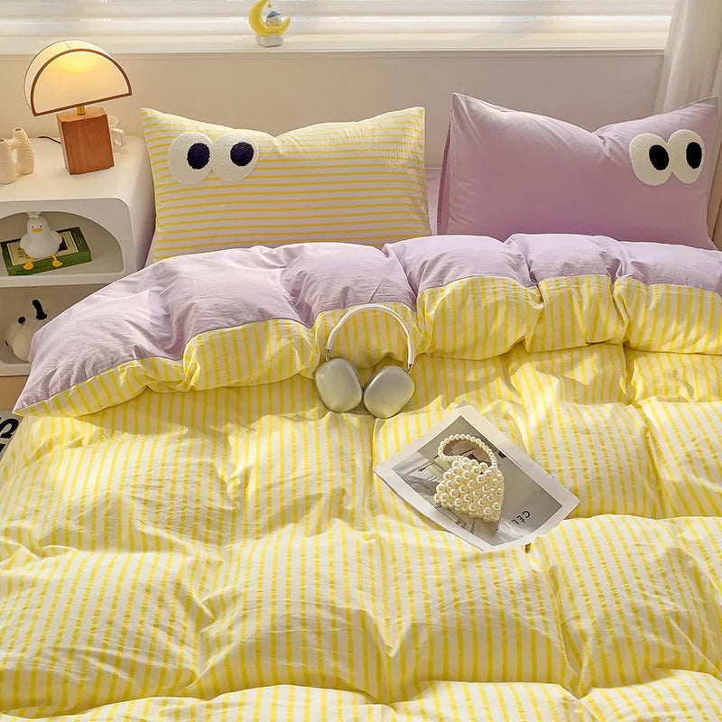 Small Fresh Cream Style Striped Simple Embroidery Big Eyes Four-piece Bed Sheet Quilt Cover Bed Sheet Dormitory Three-piece Set