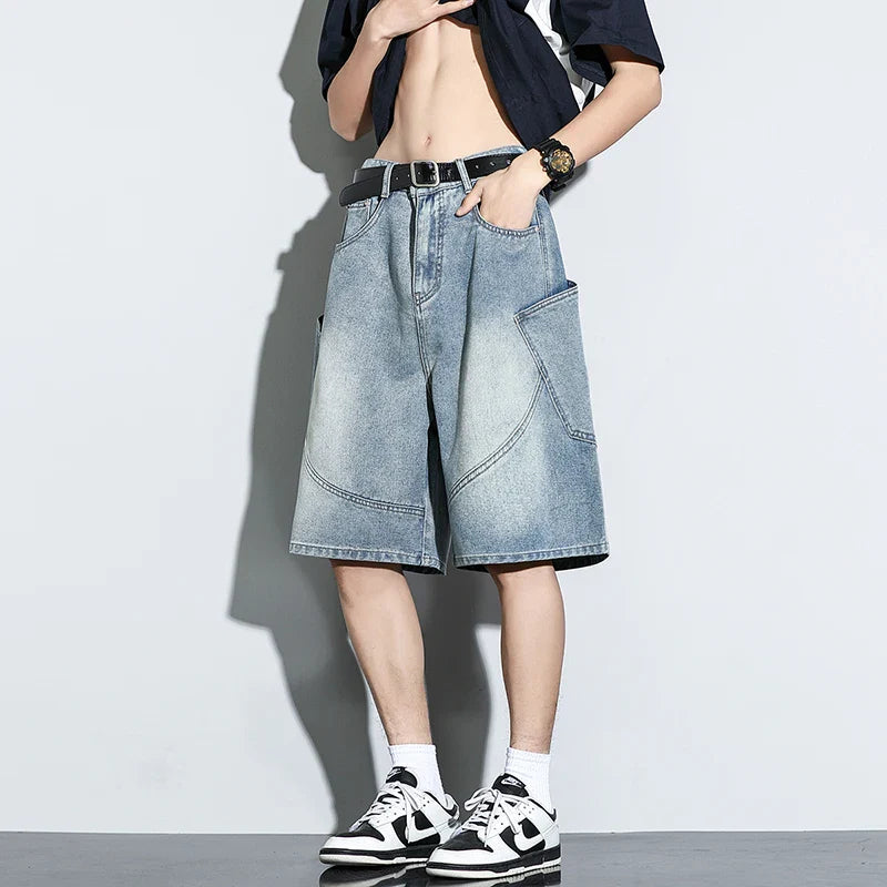 Baggy Denim Shorts Casual Straight Harajuku Jeans Male Vintage Wash Drawstring Short Pants Streetwear