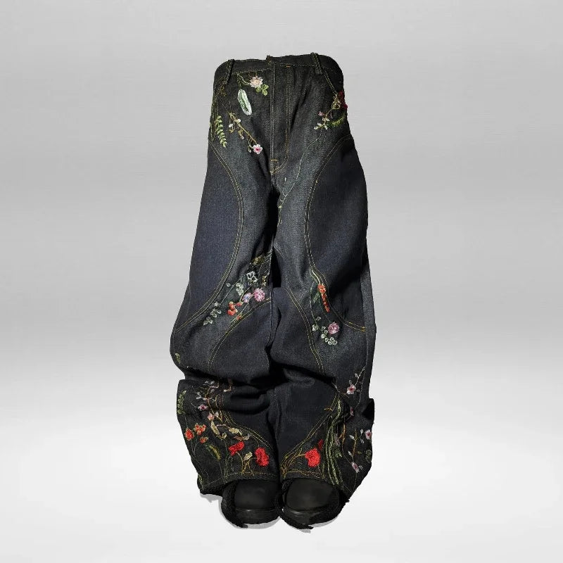 Y2K Baggy Jeans vintage splicing Floral Seams Embroidery Streamlined Jeans 2000s Harajuku goth Hip Hop wide leg jeans