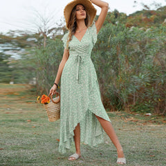 Style Elegant Long Dress Short-sleeved V-neck Bohemian Strappy Holiday Dress