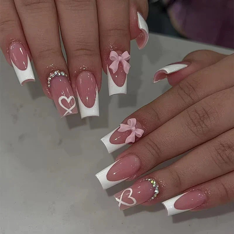 24Pcs Brown Plaid Press on Nails French Bow False Nail Medium Almond Atmosphere Wearable Nail