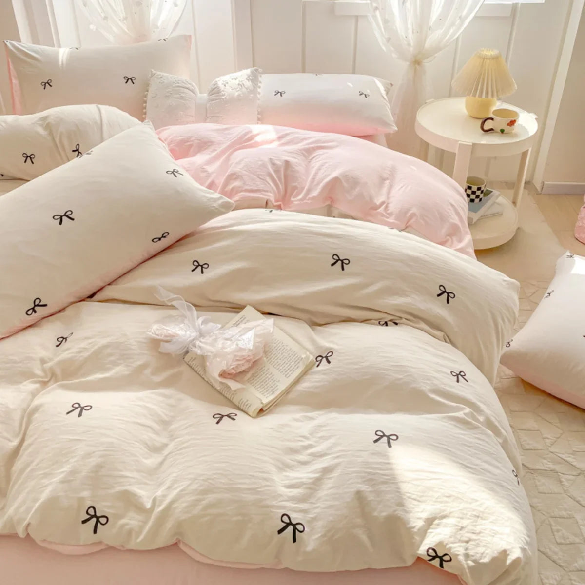 3 Piece Sheet Set pink bowknot embroidery duvet cover Set