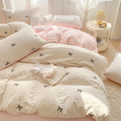 3 Piece Sheet Set pink bowknot embroidery duvet cover Set