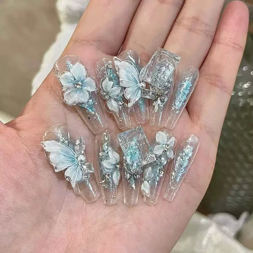 10Pcs Gentle Handwork Press On Nails French Style Flowers Butterfly Rhinestone Pearl Design Detachable False Nails Gift