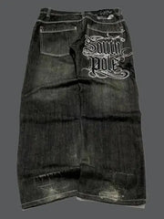 American Y2K Pattern Embroidery Baggy Jeans High Street Vintage Hip Hop Casual Joker Couple Wide-leg Pants