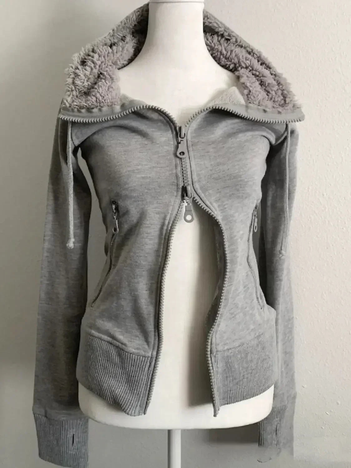 Y2k Grey Retro Wool Double Zipper Design Vintage Hooded Sweatshirt Cardigan Spring