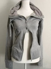 Y2k Grey Retro Wool Double Zipper Design Vintage Hooded Sweatshirt Cardigan Spring