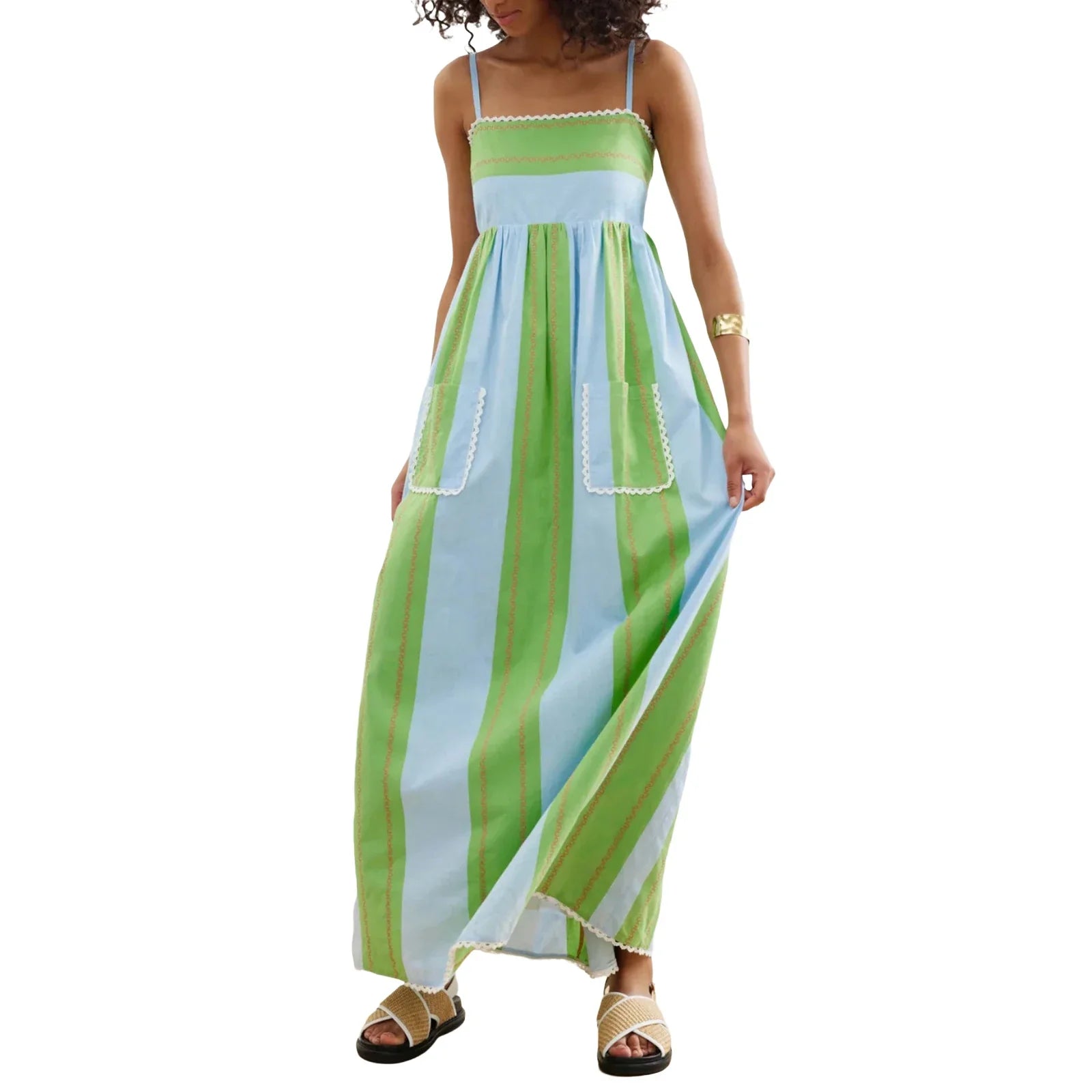 Combhasaki Striped Adjustable Thin Spaghetti Straps Ric-Rac Trim Flowy Beachwear A-line Slip Cami Pocket Long Dress