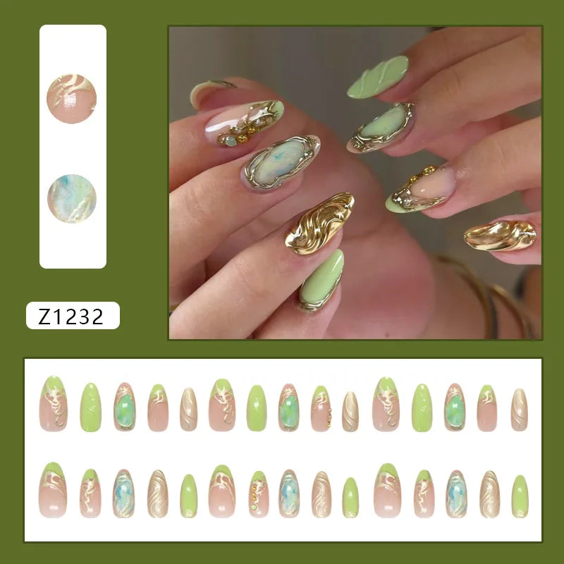 24pcs False Nails Glossy Green Almond Fake Nail Tips Wearable Detachable Flower Print Press on Nails