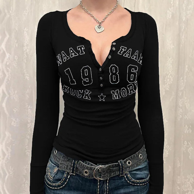 Black T-shirt Letter Print Streetwear Long Sleeves O-Neck Bodycon Top Button Casual Slim Tees Female