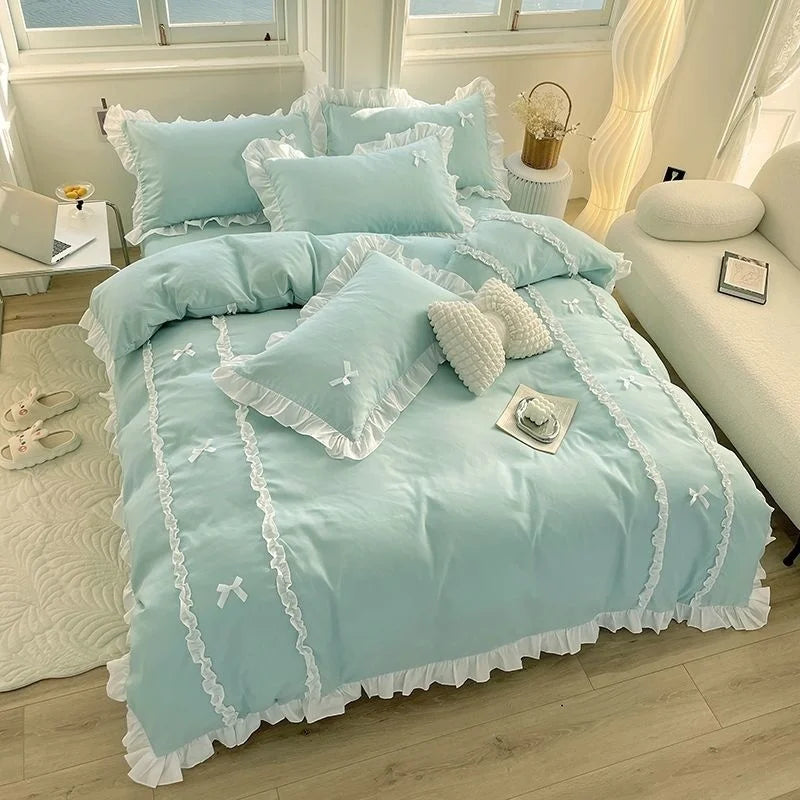 Korean Princess Style Bedding Sets Ins Lace Bowknot Duvet Cover Fitted Sheet