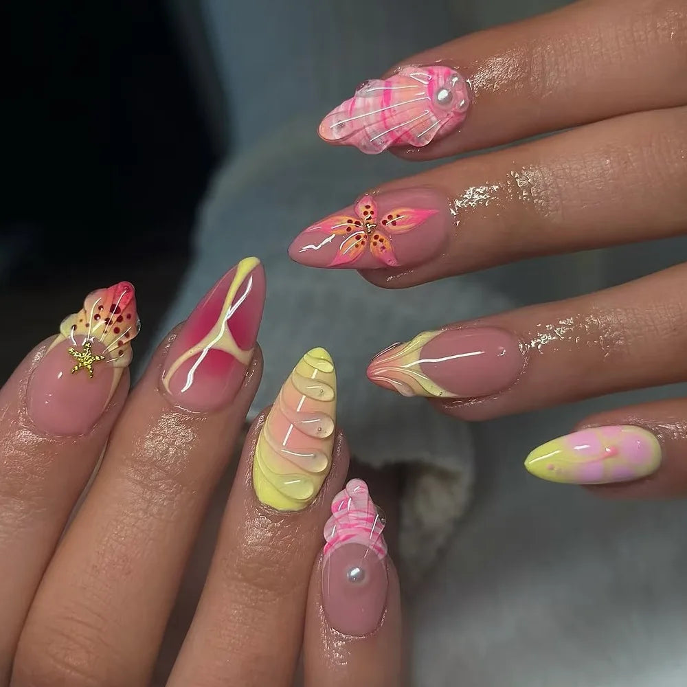 24pcs Pink Almond False Nails Press on Wearable Sweet Flower Nails Tips Pearl Design Mid-length Fake Nail Rhinestone Manicure