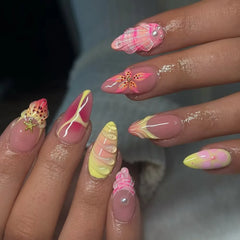 24pcs Pink Almond False Nails Press on Wearable Sweet Flower Nails Tips Pearl Design Mid-length Fake Nail Rhinestone Manicure